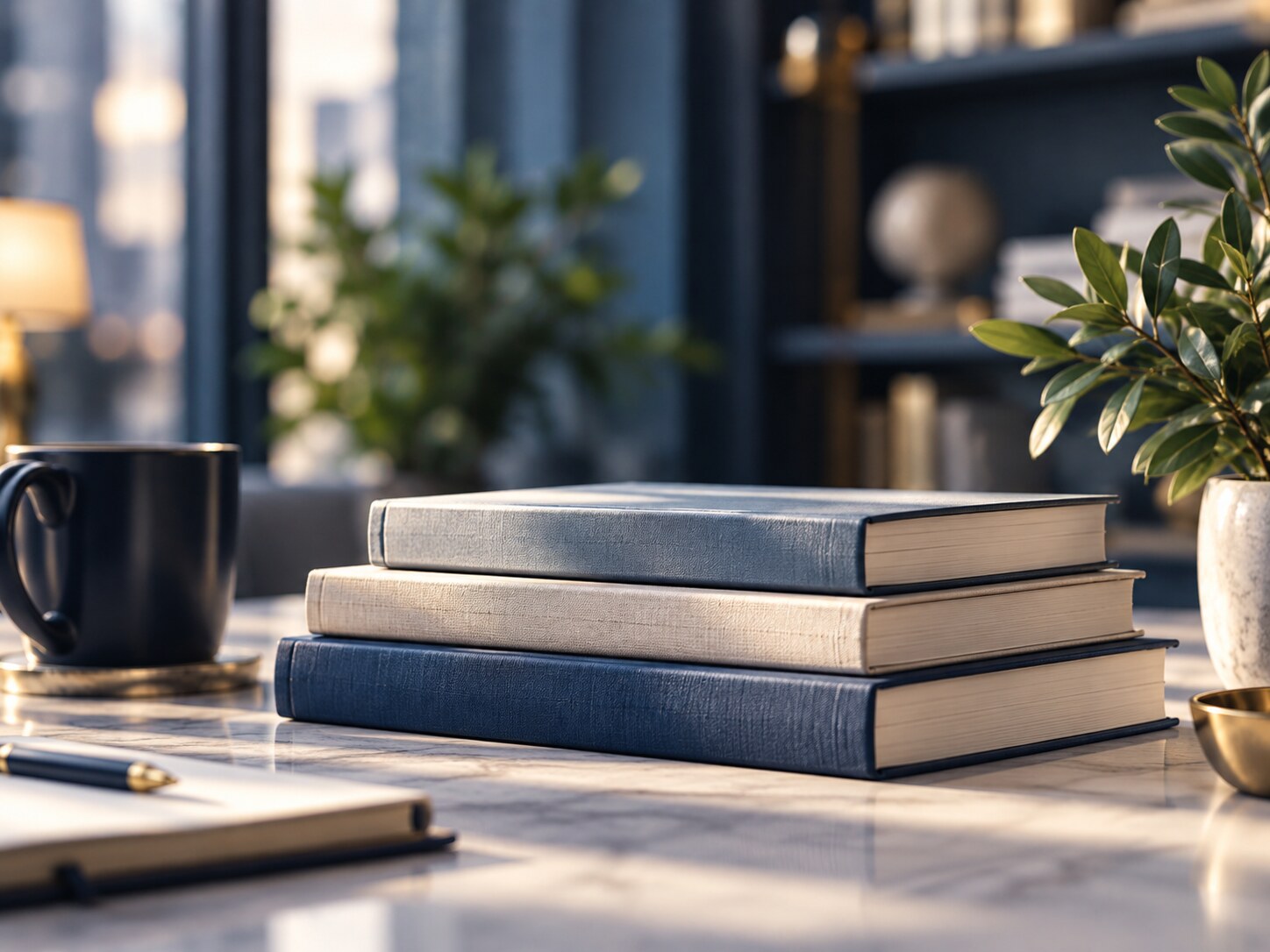 A stack of blue and ivory books